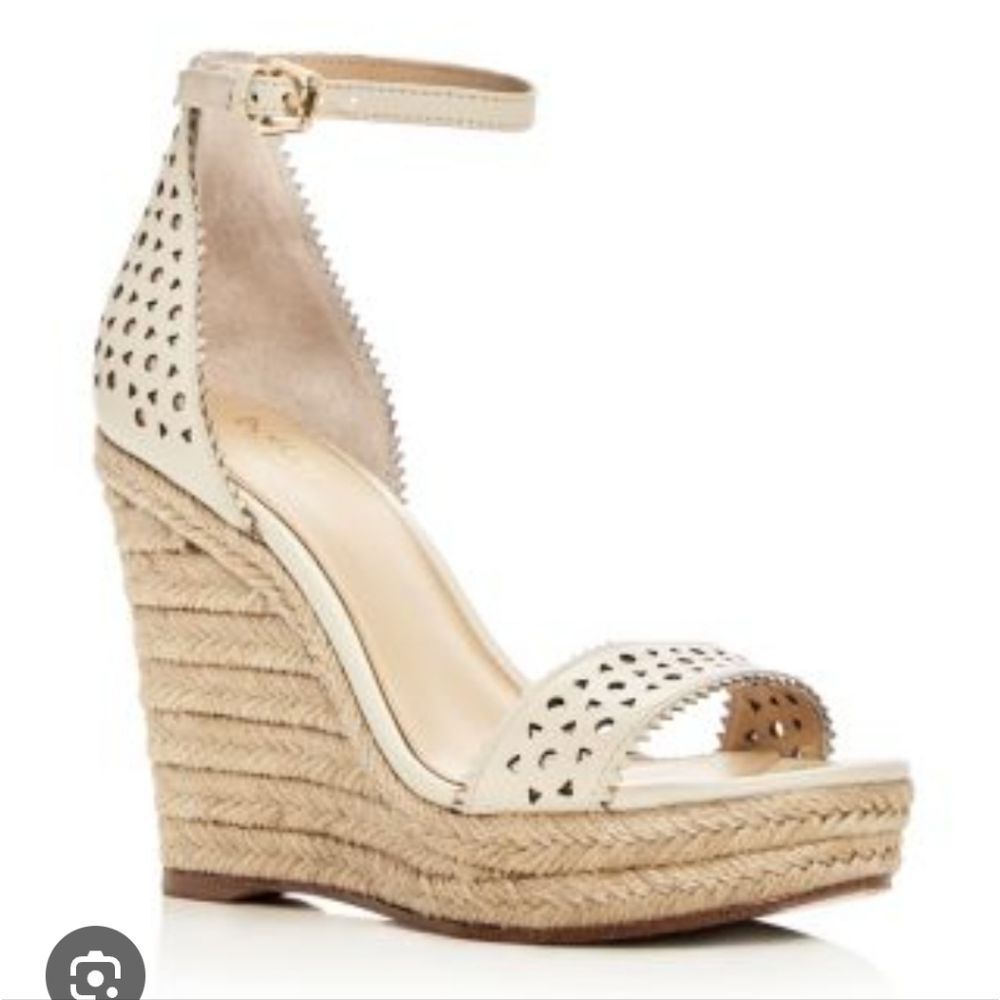 Botkier Jamie Genuine Leather Laser Cut Wedge Sandals In Cream Beige Size 9